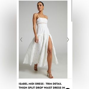 ISABEL MIDI DRESS - TRIM DETAIL THIGH SPLIT DROP WAIST DRESS IN WHITE